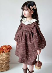 Handmade Coffee O-Neck Print Thick Kids Maxi Dress Lantern Sleeve