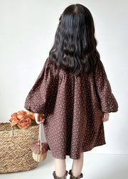 Handmade Coffee O-Neck Print Thick Kids Maxi Dress Lantern Sleeve