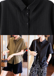 Handmade Coffee Peter Pan Collar Patchwork Cozy Silk Shirts Short Sleeve