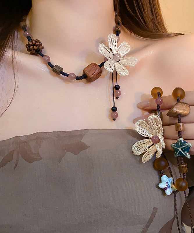 Handmade Coffee Resin Beading Floral Tassel Pendant Necklace
