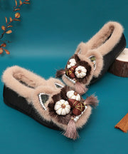 Handmade Coffee Soft Flats Shoes Nail Bead Fuzzy Wool Lined