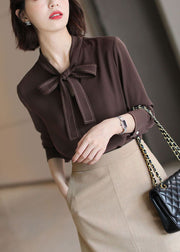 Handmade Chocolate Stand Collar Embroideried Ribbon Chiffon Shirts Long Sleeve