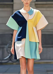 Handmade Colorblock Asymmetrical Patchwork Cotton Day Dress Summer