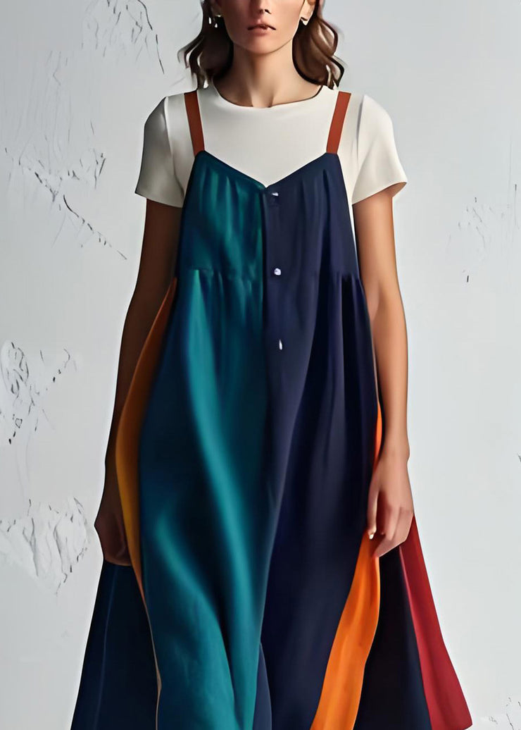 Handmade Colorblock O Neck Dresses Cotton Two Piece Set Summer