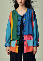 Handmade Colorblock O-Neck Patchwork Button Shirts Long Sleeve