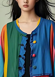 Handmade Colorblock O-Neck Patchwork Button Shirts Long Sleeve