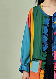 Handmade Colorblock O-Neck Patchwork Button Shirts Long Sleeve