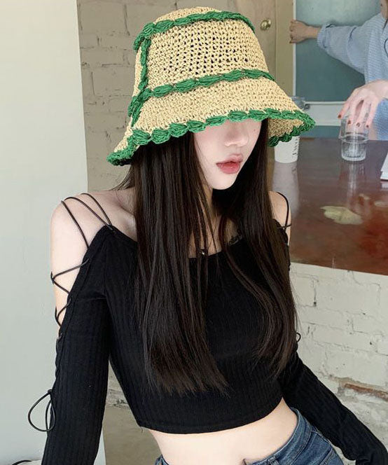 Handmade Colorblock Oversized Hollow Out Straw Woven Bucket Hat