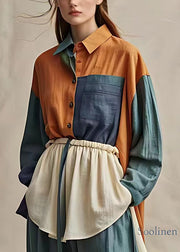 Handmade Colorblock Patchwork Wrinkled Button Shirts Long Sleeve