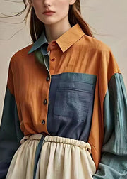 Handmade Colorblock Patchwork Wrinkled Button Shirts Long Sleeve