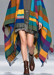 Handmade Colorblock Plaid Tassel Patchwork Woolen Long Coat Long Sleeve