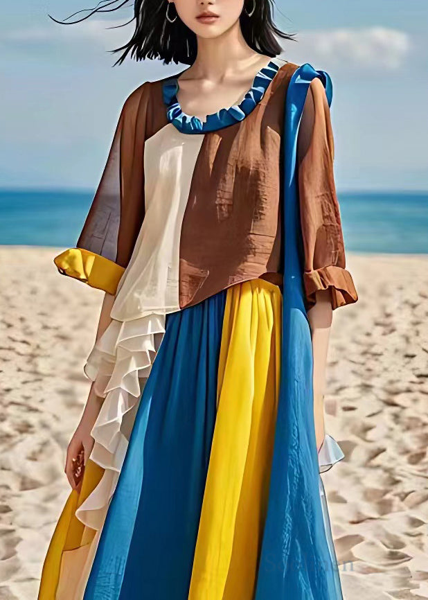 Handmade Colorblock Ruffled Chiffon Patchwork Maxi Dress Summer