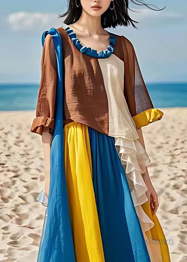 Handmade Colorblock Ruffled Chiffon Patchwork Maxi Dress Summer
