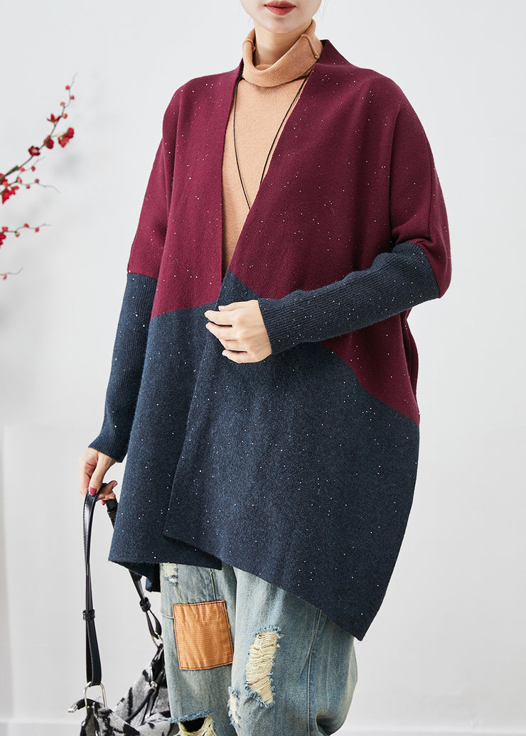 Handmade Colorblock Sequins Patchwork Knit Loose Coat Batwing Sleeve