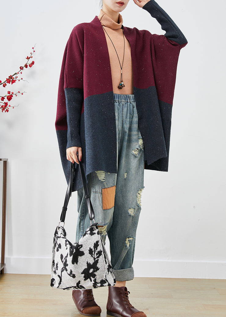 Handmade Colorblock Sequins Patchwork Knit Loose Coat Batwing Sleeve