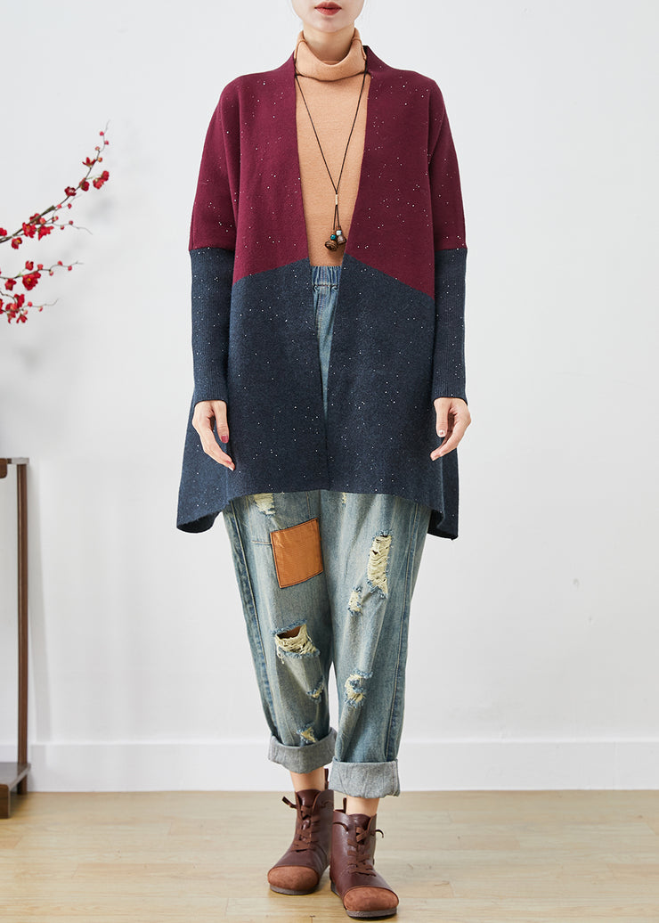 Handmade Colorblock Sequins Patchwork Knit Loose Coat Batwing Sleeve