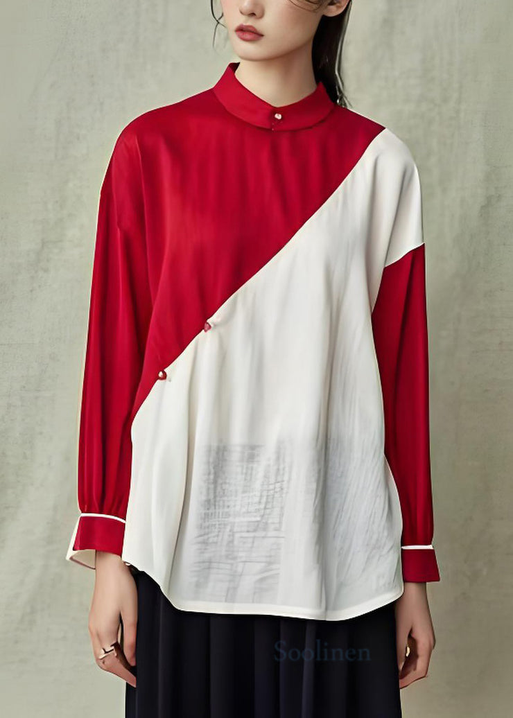 Handmade Colorblock Stand Collar Cotton Top Long Sleeve