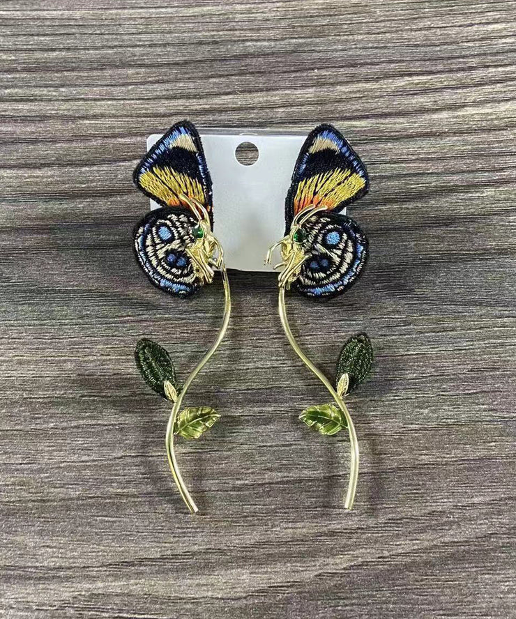 Handmade Colorblock Sterling Silver Overgild Embroidery Butterfly Detachable Drop Earrings