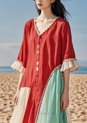 Handmade Colorblock V Neck Asymmetrical Patchwork Cotton Dress Summer