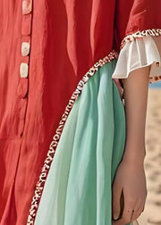 Handmade Colorblock V Neck Asymmetrical Patchwork Cotton Dress Summer