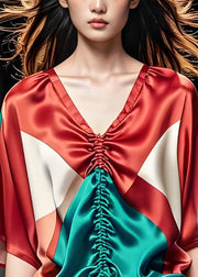 Handmade Colorblock V Neck Cinched Silk Shirt Tops Summer