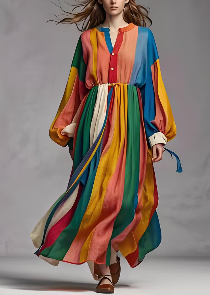 Handmade Colorblock Wrinkled Patchwork Cotton Long Dress Lantern Sleeve