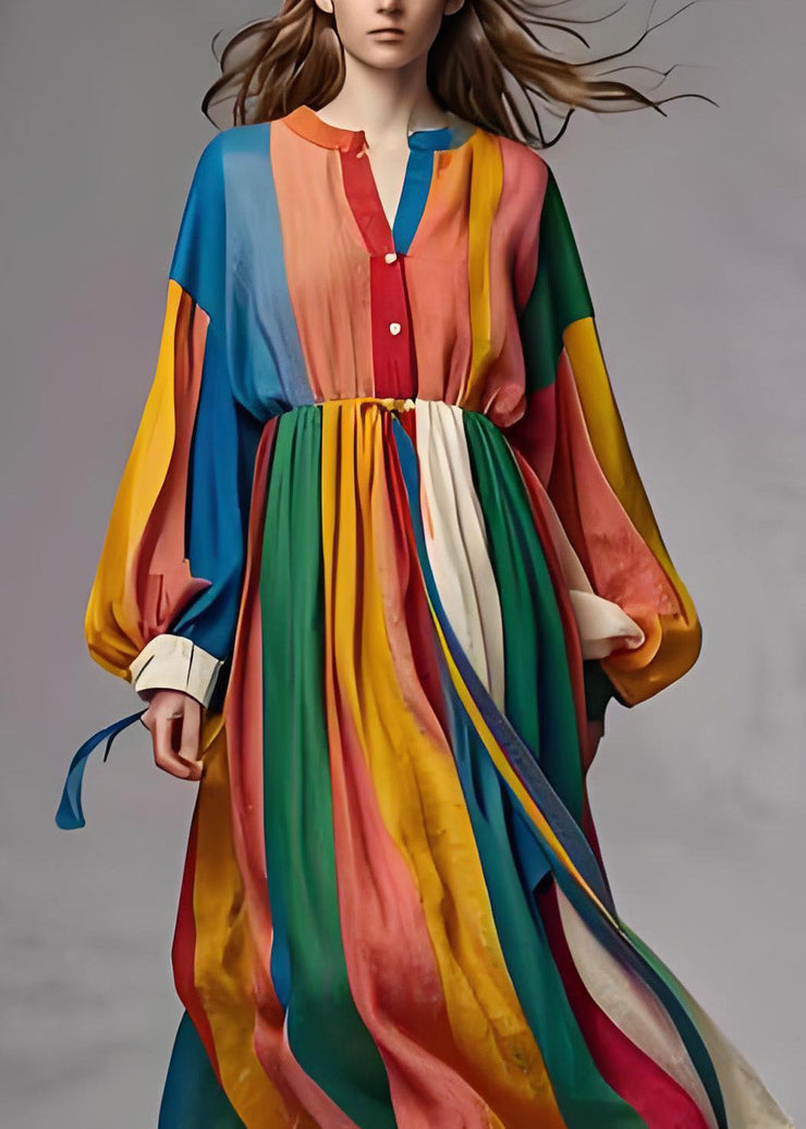 Handmade Colorblock Wrinkled Patchwork Cotton Long Dress Lantern Sleeve