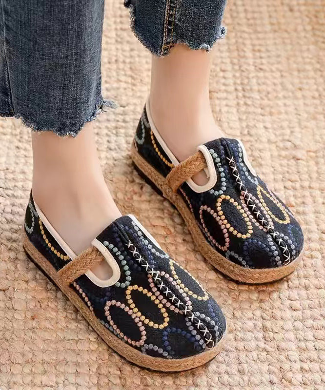 Handmade Comfy Black Embroidery Splicing Flat Shoes