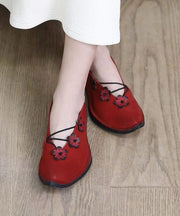 Handmade Comfy Flat Feet Shoes Red Cowhide Leather Floral