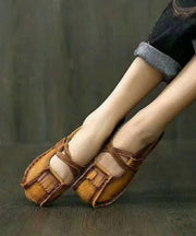 Handmade Comfy Flats Shoes Khaki Cowhide Leather