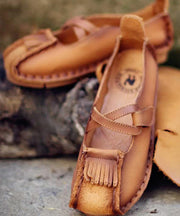 Handmade Comfy Flats Shoes Khaki Cowhide Leather