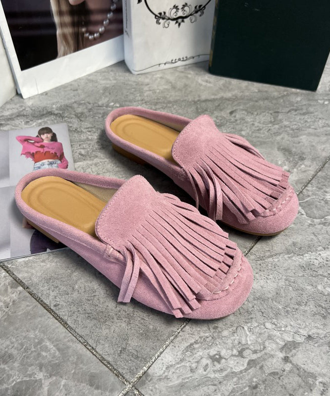 Handmade Comfy Pink Suede Tasseled Splicing Slide Sandals