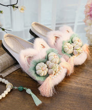 Handmade Comfy Splicing Tiger Head Slippers Shoes Pink Tassel Nail Bead