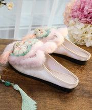 Handmade Comfy Splicing Tiger Head Slippers Shoes Pink Tassel Nail Bead