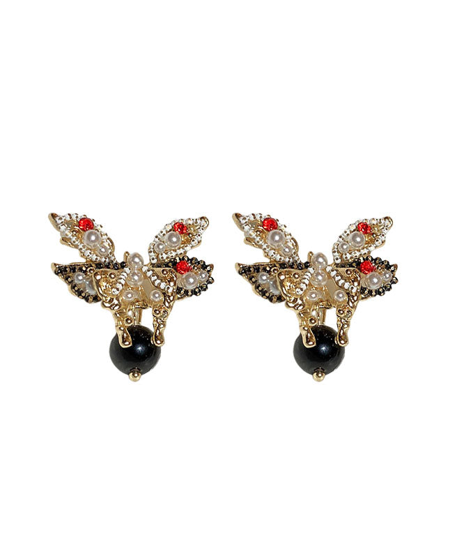 Handmade Copper Zircon Pearl Butterfly Stud Earrings