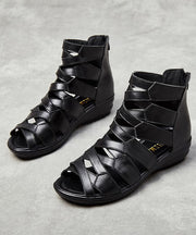 Handmade Cowhide Leather Black Wedge Sandals Splicing Hollow Out