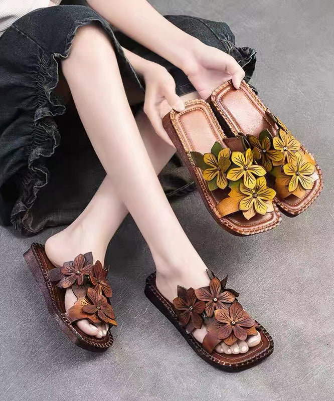 Handmade Cowhide Leather Yellow Green Floral Slide Sandals