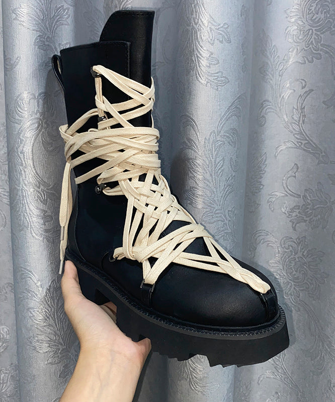 Handmade Cross Strap Platform Boots Black Cowhide Leather