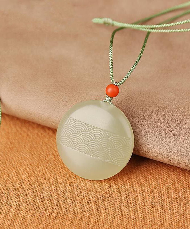 Handmade Cyan Jade Round Carving Pendant Necklace