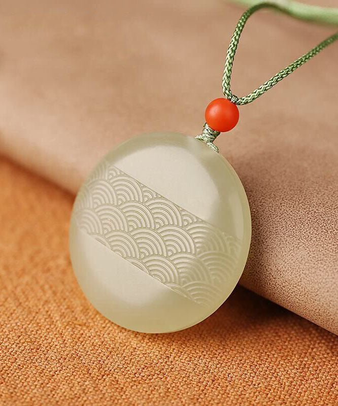 Handmade Cyan Jade Round Carving Pendant Necklace