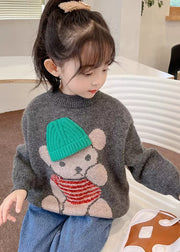 Handmade Dark Grey Cartoon Print Cotton Knit Kids Sweater Spring