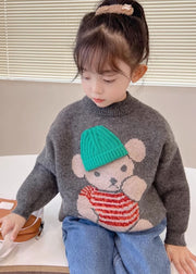 Handmade Dark Grey Cartoon Print Cotton Knit Kids Sweater Spring