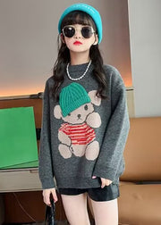 Handmade Dark Grey Cartoon Print Cotton Knit Kids Sweater Spring