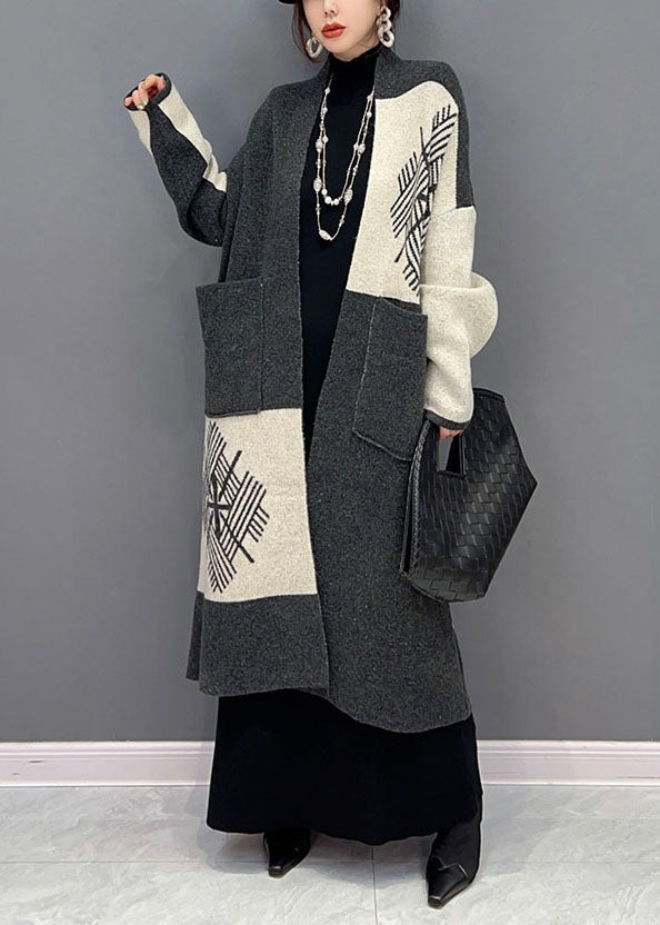 Handmade Dark Grey Oversized Patchwork Pockets Woolen Cardigans Spring