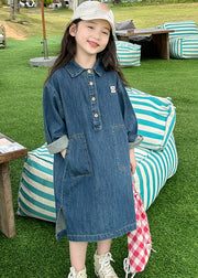 Handmade Denim Blue Peter Pan Collar Patchwork Button Kids Long Dress Spring