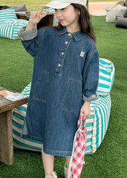 Handmade Denim Blue Peter Pan Collar Patchwork Button Kids Long Dress Spring