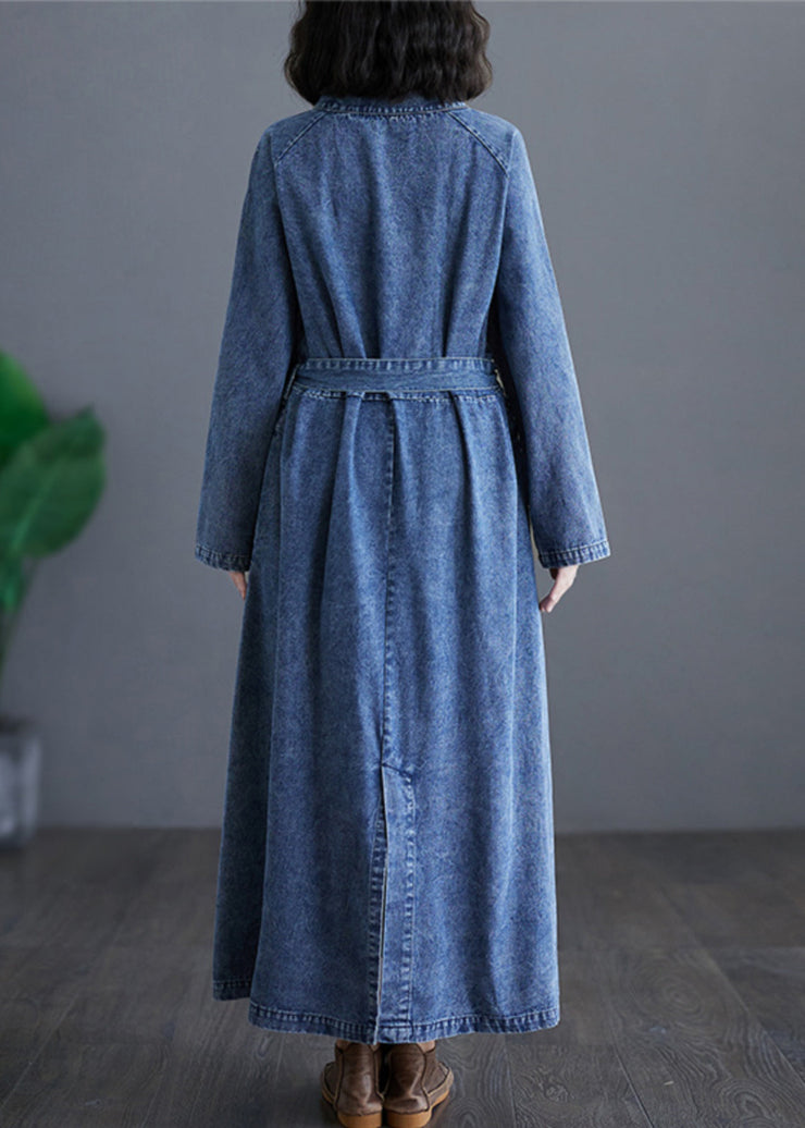 Handmade Denim Blue V Neck Patchwork Tie Waist Party Long Dress Long Sleeve