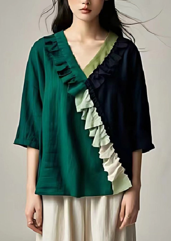 Handmade Dull Green Ruffled Patchwork Linen Blouse Top Summer