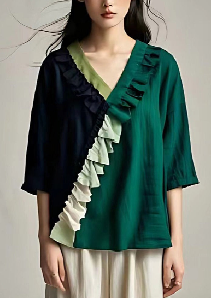 Handmade Dull Green Ruffled Patchwork Linen Blouse Top Summer