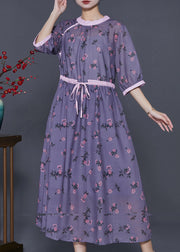 Handmade Dull Purple Cinched Print Linen Dress Summer
